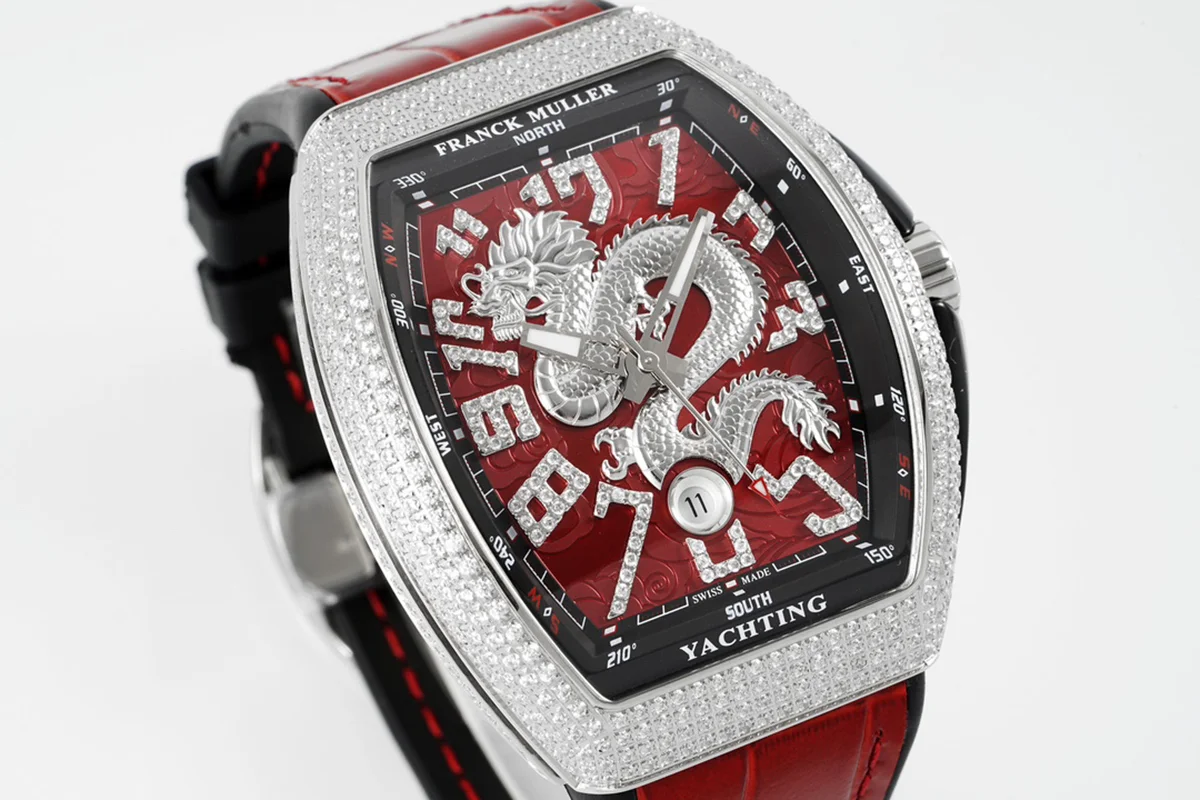 Vanguard Yachting Dragon V45YT Red Dial with Diamond Bezel on Red Leather Strap