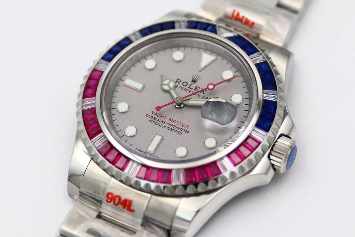 Yacht-Master 116622 Platinum Dial with Red and Blue Diamond Bezel